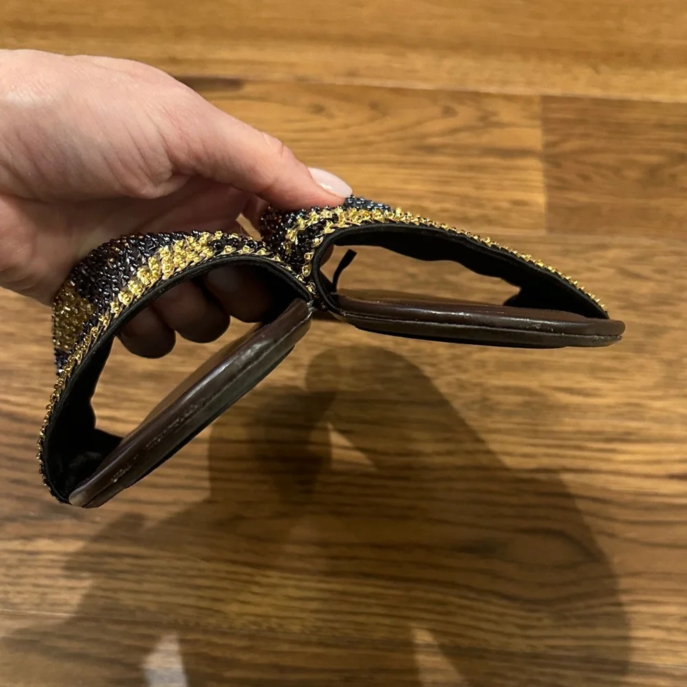 Zara Brown Beaded Slide sandals with Gold & Black beaded  Accents Camo size 37 - Picture 5 of 6